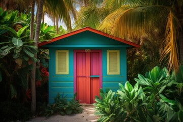 Fototapeta na wymiar Quaint Beach Hut in Vivid Colors, Surrounded by Lush Tropical Foliage, Relaxing Coastal Getaway Scene, Generative AI