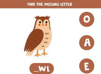 Find missing letter with cute cartoon owl. Spelling worksheet.