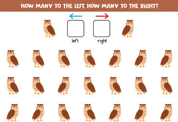 Left or right with cute cartoon owl. Logical worksheet for preschoolers.