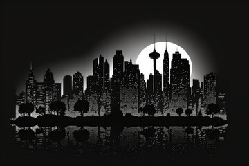 monochromatic cityscape with a full moon in the background. Generative AI