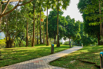 The central park of the city near the Petronas Towers in the daytime. Kuala Lumpur, Malaysia.