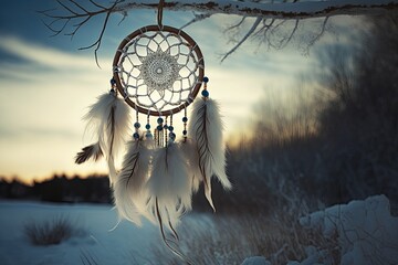 Dream Catcher hanging from a tree branch in the snowy forest. Generative AI