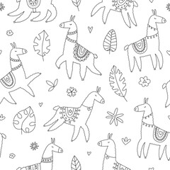Seamless pattern with cute llamas in doodle style. Lovely vector illustration, background design, suitable for textiles, wrapping paper, packaging for kids and adults.