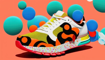 abstract illustration of a shoe sneakers design, vibrant strike colors with isolated background, single shoe lace, vintage vibe floaty creamy patterns flat fashion, generative ai