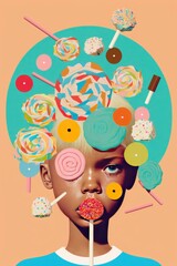 Obraz na płótnie Canvas boy face covered in candy lips come out sweet vibrant collage art style, colorful pills on face, Inspiration, idea, trendy urban magazine style. Female with candies, generative ai