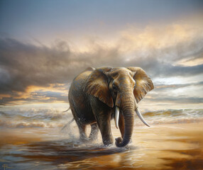 Elephant walking in the sea