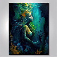 Mermaid statue underwater. Generative AI.