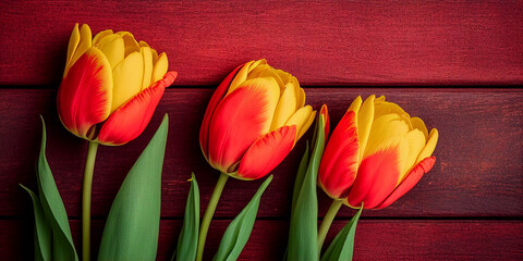 yellow tulips on red wooden background Generative AI