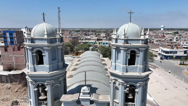 Aerial shot of church In M&oacute;rrope, Lambayeque, Peru, South America in a sunny day.