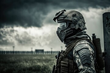 Fototapeta na wymiar soldier wearing a gas mask and goggles in a war zone. Generative AI