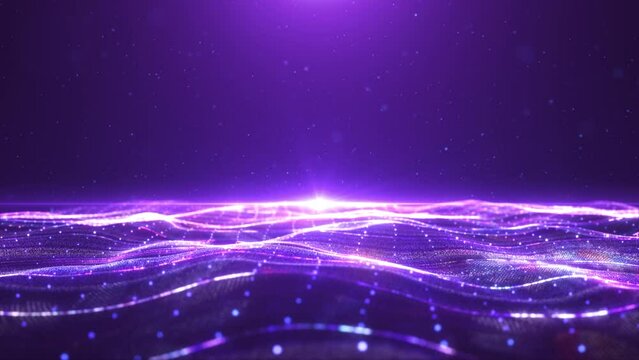 Elegant purple particle wave, beautiful light particle flow, grid line background video. Use this for products promo, game shows, fashion shows, music award, disco party, concert stage led wall.
