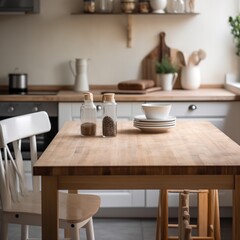 Fototapeta na wymiar Simplicity and Style: The Wooden Neat Table in the Kitchen, Generative AI