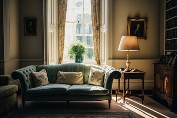 cozy living room with a comfortable couch and natural lighting from a nearby window. Generative AI
