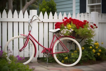 Fototapeta na wymiar Classic Red Bicycle, White Picket Fence, Basket of Colorful Flowers, Nostalgic Scene, Charming Neighborhood - Generative AI