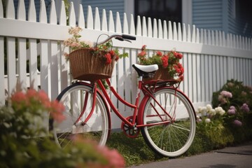 Fototapeta na wymiar Classic Red Bicycle, White Picket Fence, Basket of Colorful Flowers, Nostalgic Scene, Charming Neighborhood - Generative AI