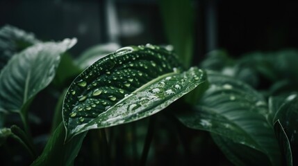 Closeup of Dumb cane tropical plant leaves with rain drops. Green natural backdrop. Generative AI