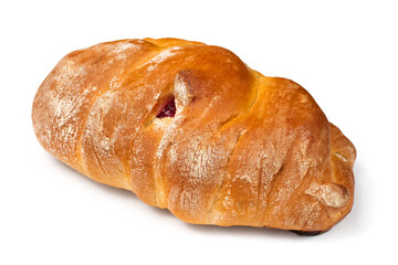 Sweet bun with jam on a white background. Bakery product close-up.
