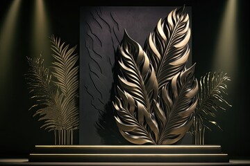 modern black and gold accent wall with plants and lights. Generative AI