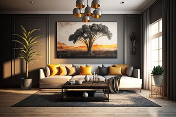 cozy living room with stylish furniture and a captivating painting on the wall. Generative AI