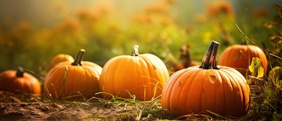 Autumn Halloween pumpkins. Orange pumpkins over nature background  Generative AI