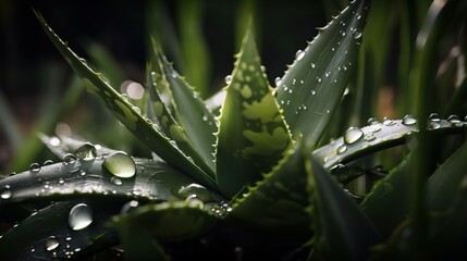 Closeup of aloe tropical plant leaves with rain drops. Green natural backdrop. Generative AI