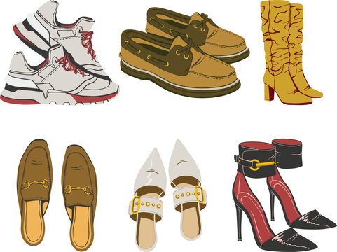 Set of different shoes on a white background. Vector illustration in cartoon style.