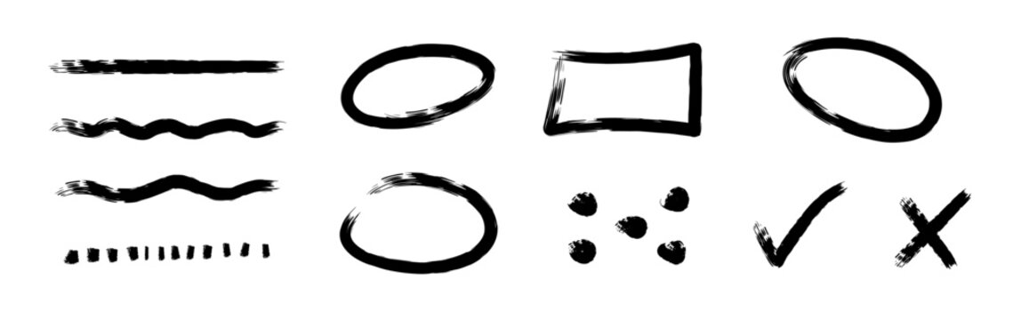 Black Brush Highlighter Set. Doodle scribble lines, waves, curves, cross, check, dotted. Dry ink, painted highlight underline strokes. Hand drawn round, cicle and square frames (Full Vector)