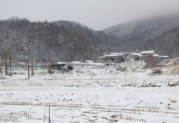 Rural fields and houses surrounded by snow in the middle of winter