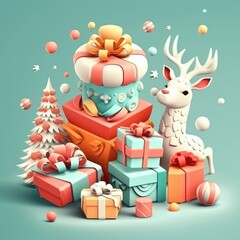 Fototapeta premium Merry christmas and happy new year festive background. Christmas 3d cartoon design. Bright greeting card, poster, banner. generative ai