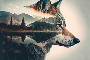 Majestic and powerful predator wildlife animal by lone grey wolf in solitude on double exposure background of wondrous natural landscape with forest and mountain by Generative AI - obrazy, fototapety, plakaty