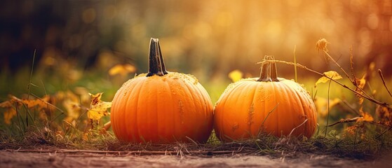 Autumn Halloween pumpkins. Orange pumpkins over nature background  Generative AI