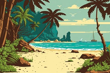 tropical beach with palm trees and clear blue water. Generative AI
