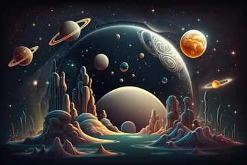 Obraz na płótnie Canvas colorful and vibrant space scene with multiple planets and stars. Generative AI