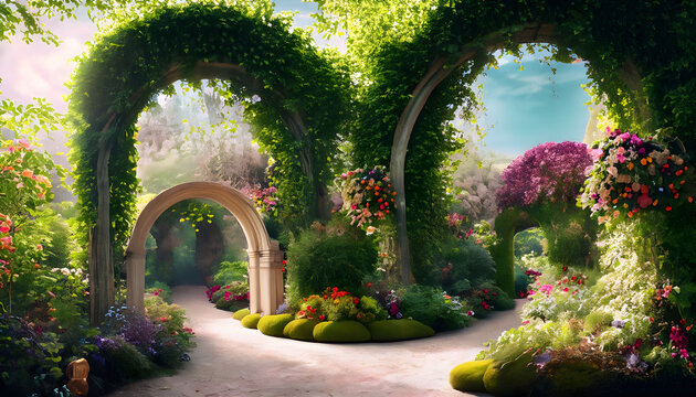 garden in the garden,beautiful secret fairytale garden with flower arches and colorful greenery. Digital painting background, Ai generated 