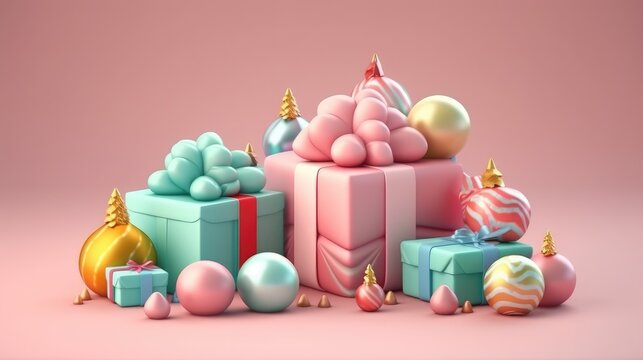 Merry christmas and happy new year festive background. Christmas 3d cartoon design. Bright greeting card, poster, banner. generative ai