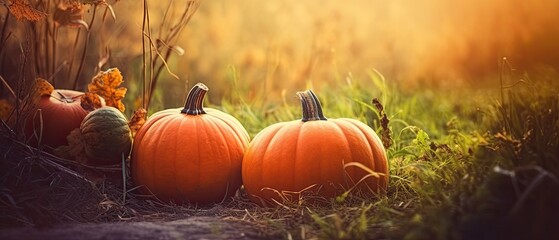 Autumn Halloween pumpkins. Orange pumpkins over nature background  Generative AI