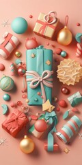 Obraz premium Merry christmas and happy new year festive background. Christmas 3d cartoon design. Bright greeting card, poster, banner. generative ai