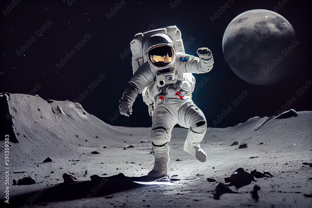 Wall mural Astronaut in space suit running on dark background. Generative AI