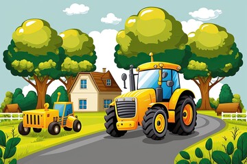 red tractor with a trailer driving on a country road surrounded by fields and trees. Generative AI