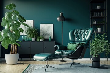 modern living room with a green accent wall and a leather armchair. Generative AI