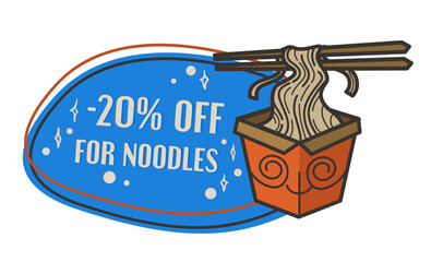 Discount on noodles in restaurant, label or logo