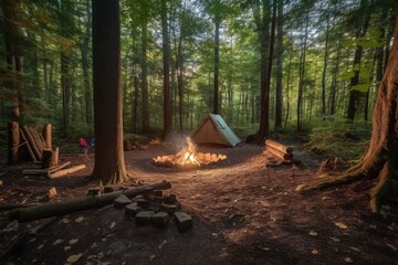 Inviting Rustic Campsite, Cozy Tent, Crackling Campfire, Woods, Adventure, Outdoor Camping Experience - Generative AI - obrazy, fototapety, plakaty