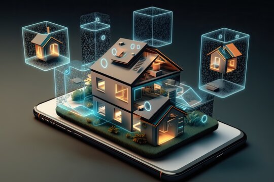 house on top of a smartphone, symbolizing smart home technology. Generative AI