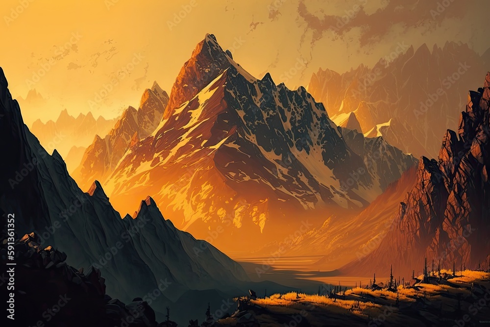 Sticker beautiful mountain range at sunset captured in a painting. Generative AI