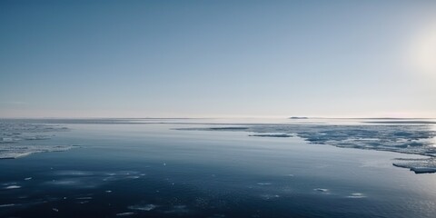 Winter sea landscape with floating ice fragments on still cold water. Generative AI