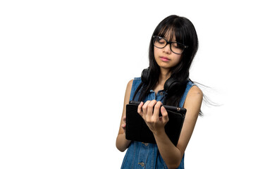 Asian girl using tablet with glasses online education learning technology social media and internet on white background.