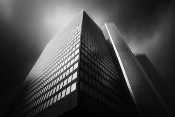 monochrome skyscraper against a cloudy sky. Generative AI