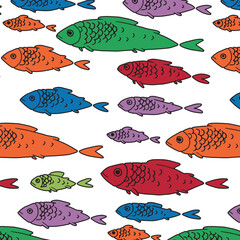 Seamless pattern multicolored fish. Vector illustration. For print.