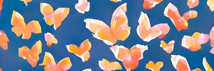 Fototapeta na wymiar generative ai, orange butterflies on blue background, oil paint, header