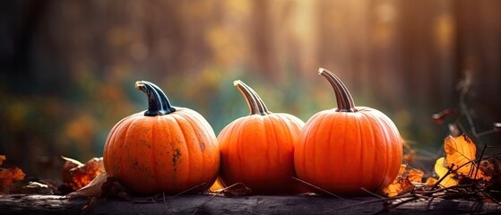 Autumn Halloween pumpkins. Orange pumpkins over nature background  Generative AI